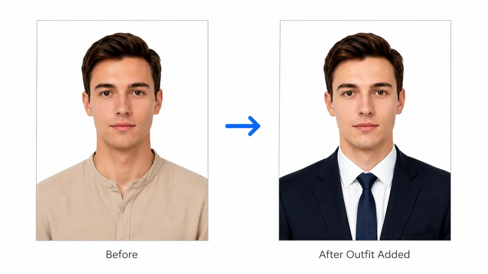 Before and after passport photo preview with formal outfit overlay