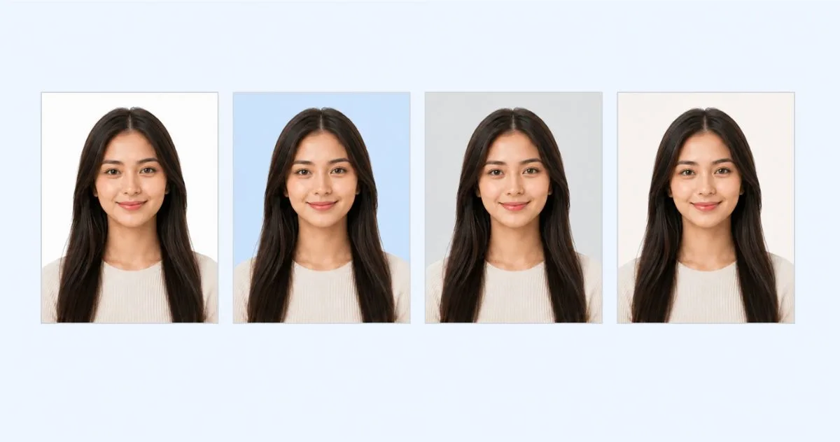 Passport photo background color preview with white blue and grey options