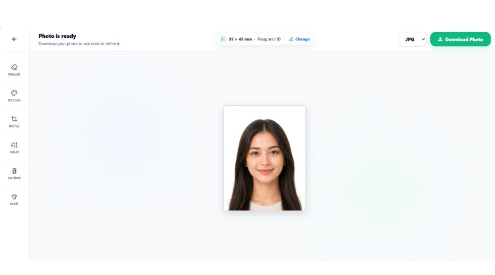 Final passport photo preview with download options
