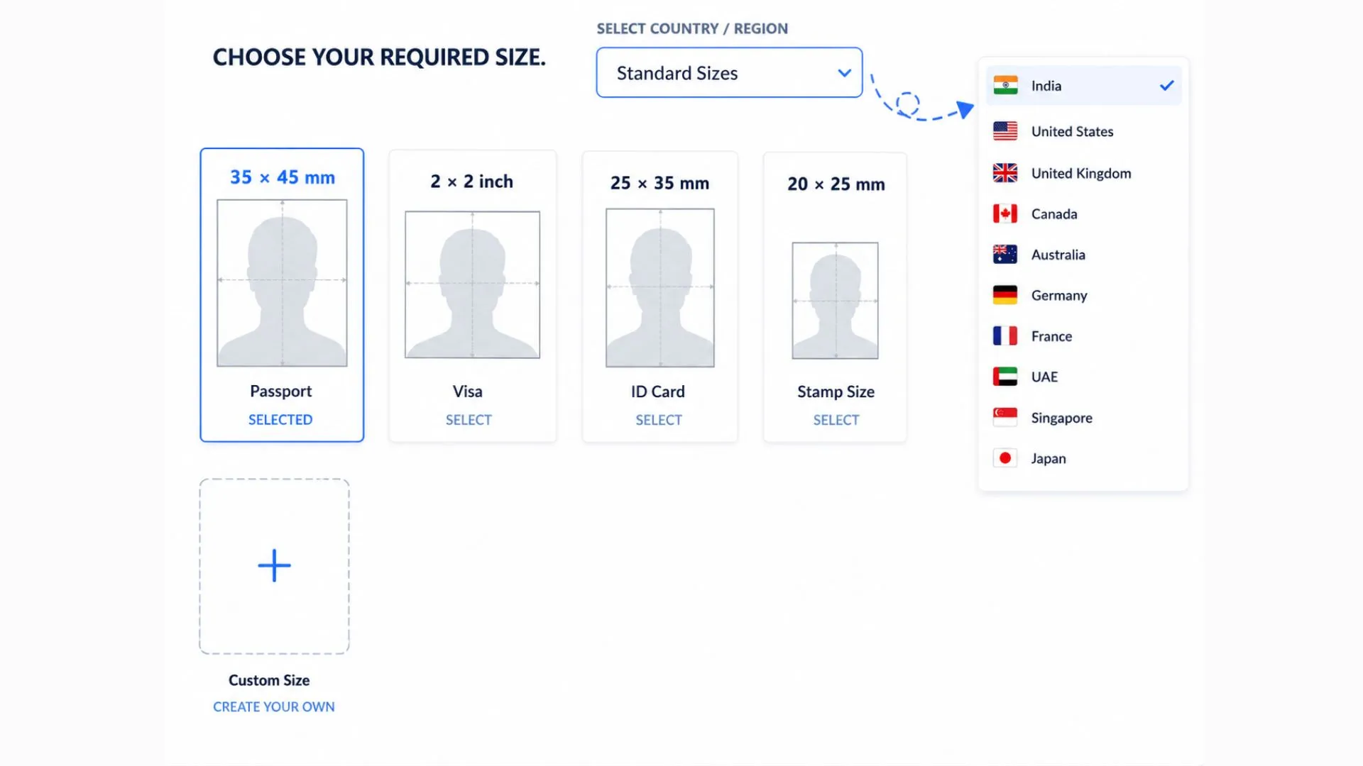 Standard, country based and custom passport photo size selection